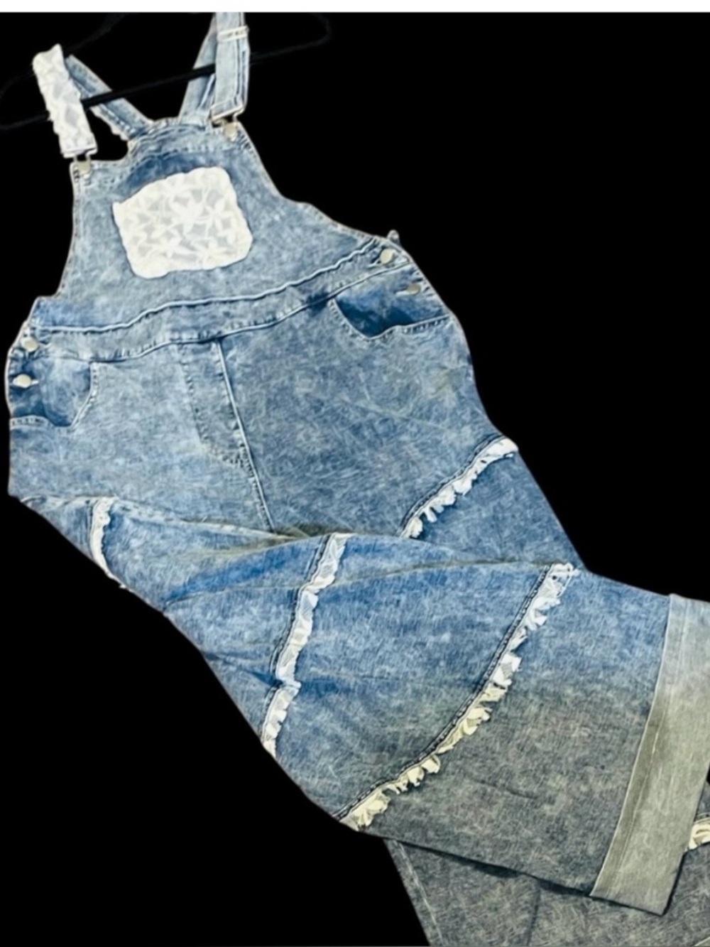 POL Denim Wide-Leg Overalls with White Lace Accents L